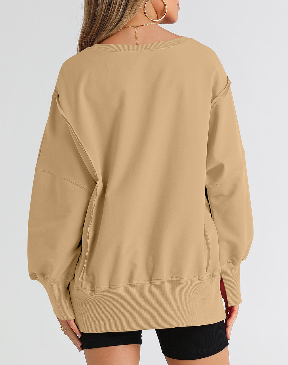 Exposed Seam Drop Shoulder Slit High Low Hem Sweatshirt