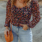Plus Size V Neck Bubble Sleeve Floral Blouse