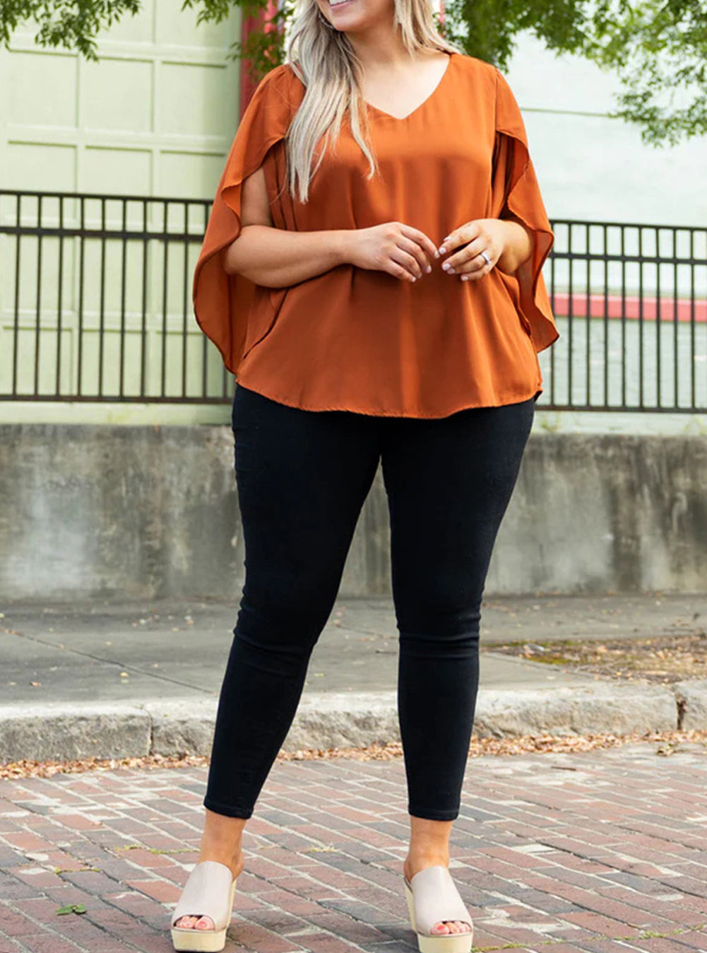 Plus Size Solid Wrapped Ruffled Sleeve V Neck Blouse