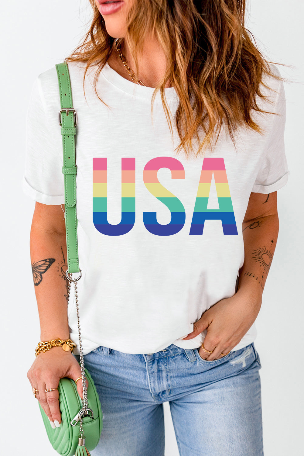 Colorful USA Print Crewneck Casual T Shirt