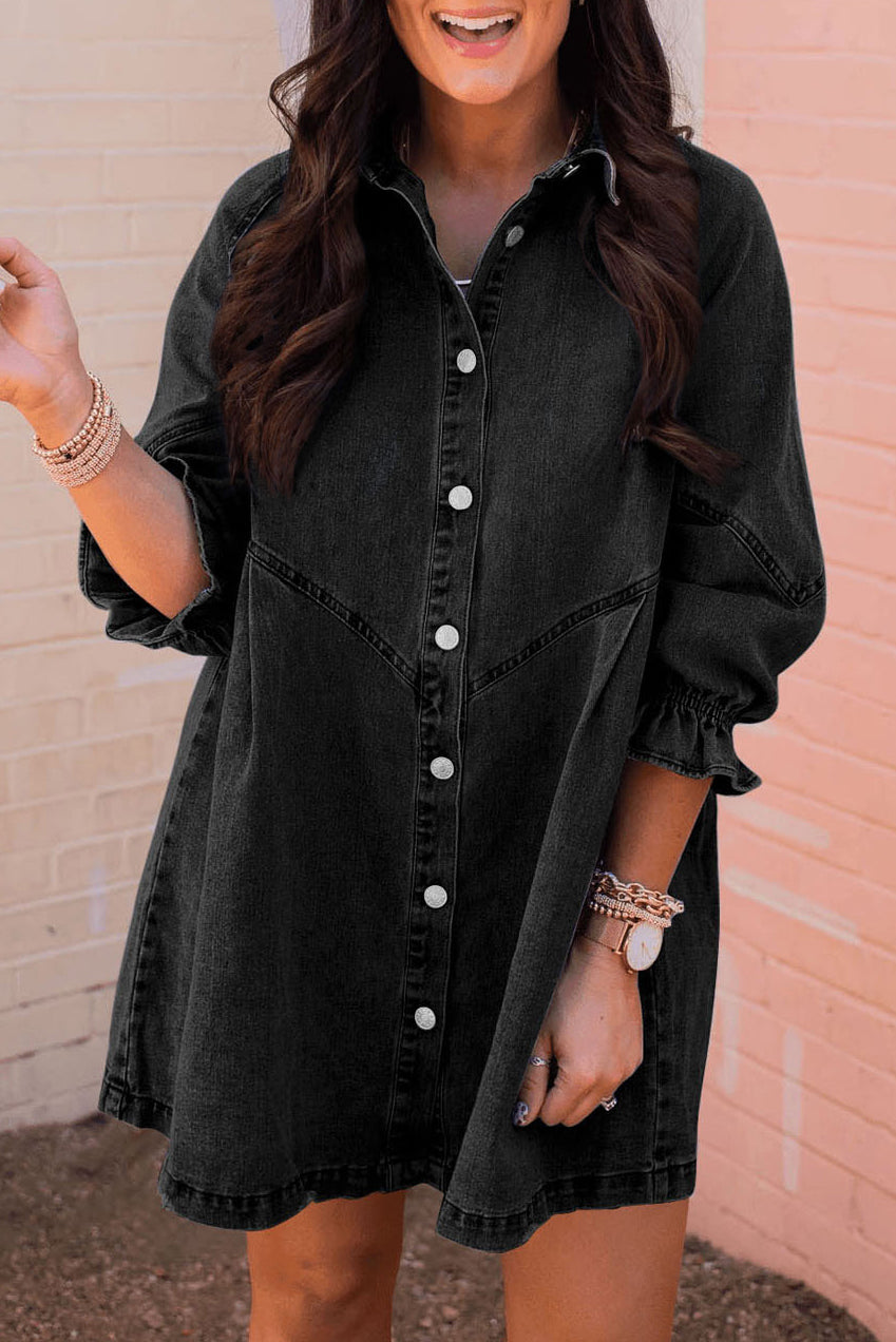 Buttoned Long Sleeve Denim Mini Dress