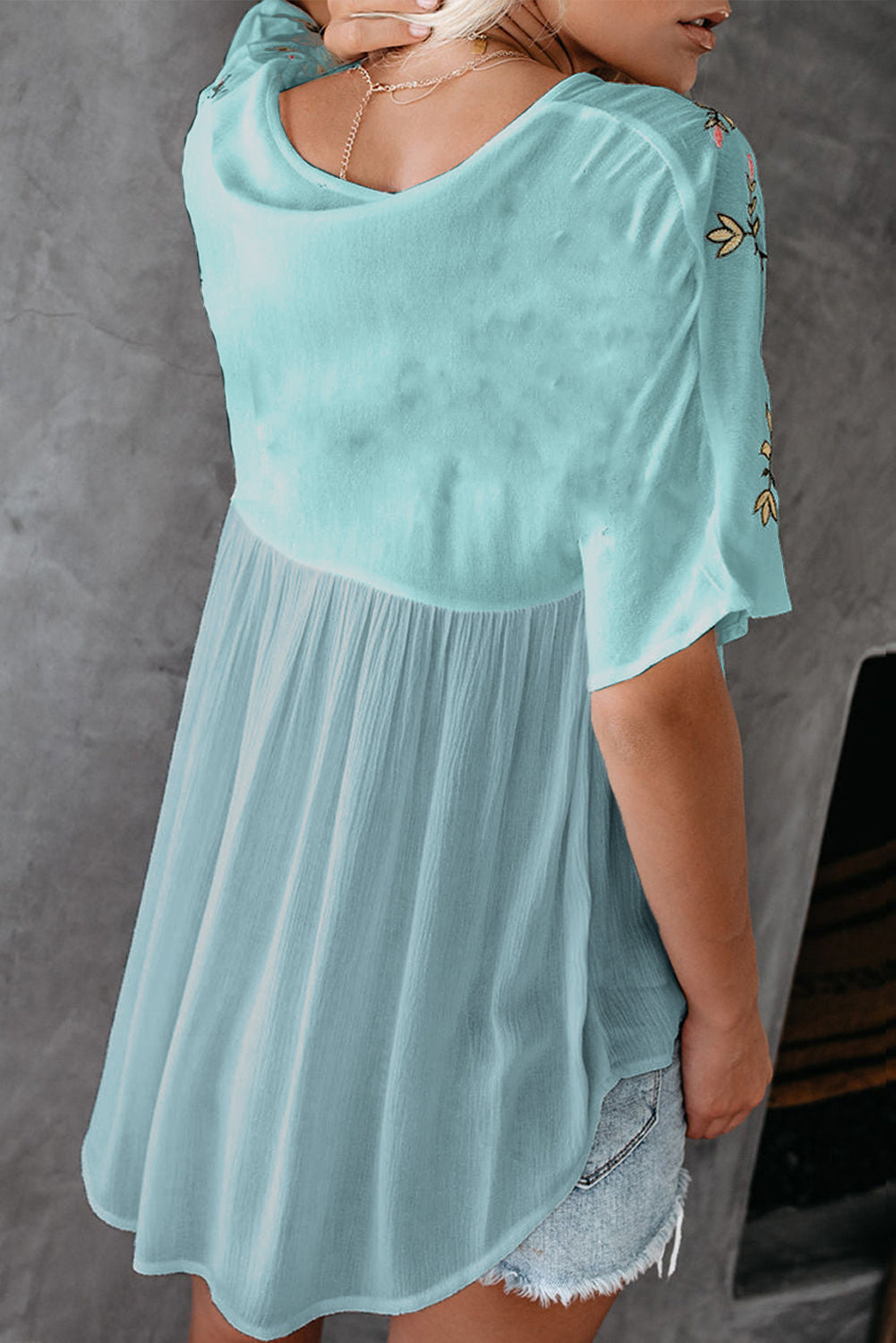 Floral Embroidered V Neck Crinkle Babydoll Blouse