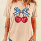 American Flag Bowknot Cherry Print Crew Neck T Shirt