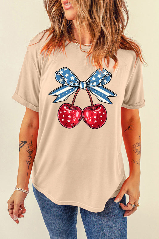 American Flag Bowknot Cherry Print Crew Neck T Shirt