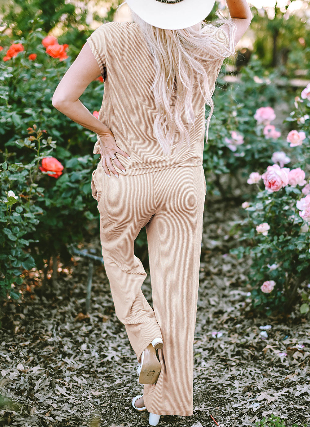 Exposed Seam Ribbed Tee and Pants Two-piece Outfit