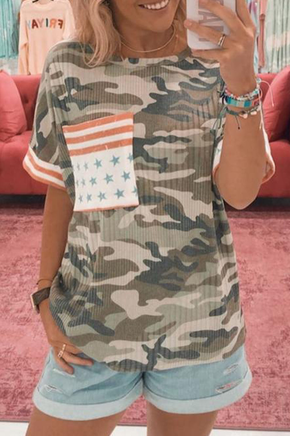 Green Flag Pocket Ribbed Camo Print T-shirt