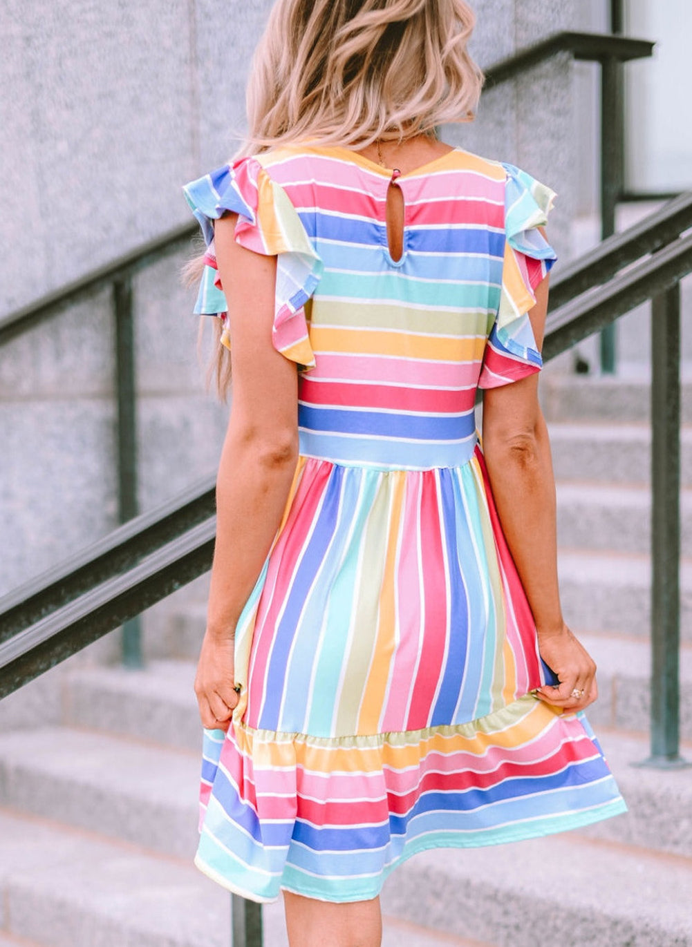 Multicolor Striped Ruffle Flared Babydoll Dress