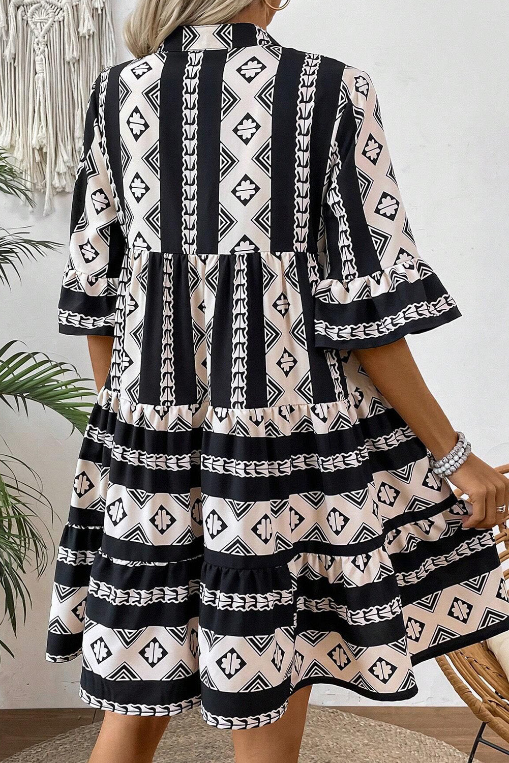 Geometric Print V Neck Ruffled Dress