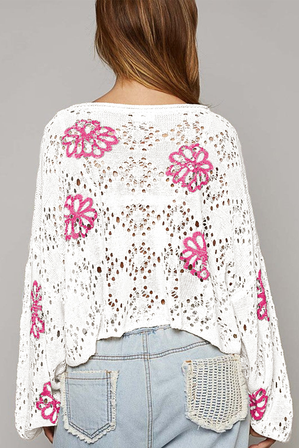 Flower Print Eyelet Drop Shoulder Sweater