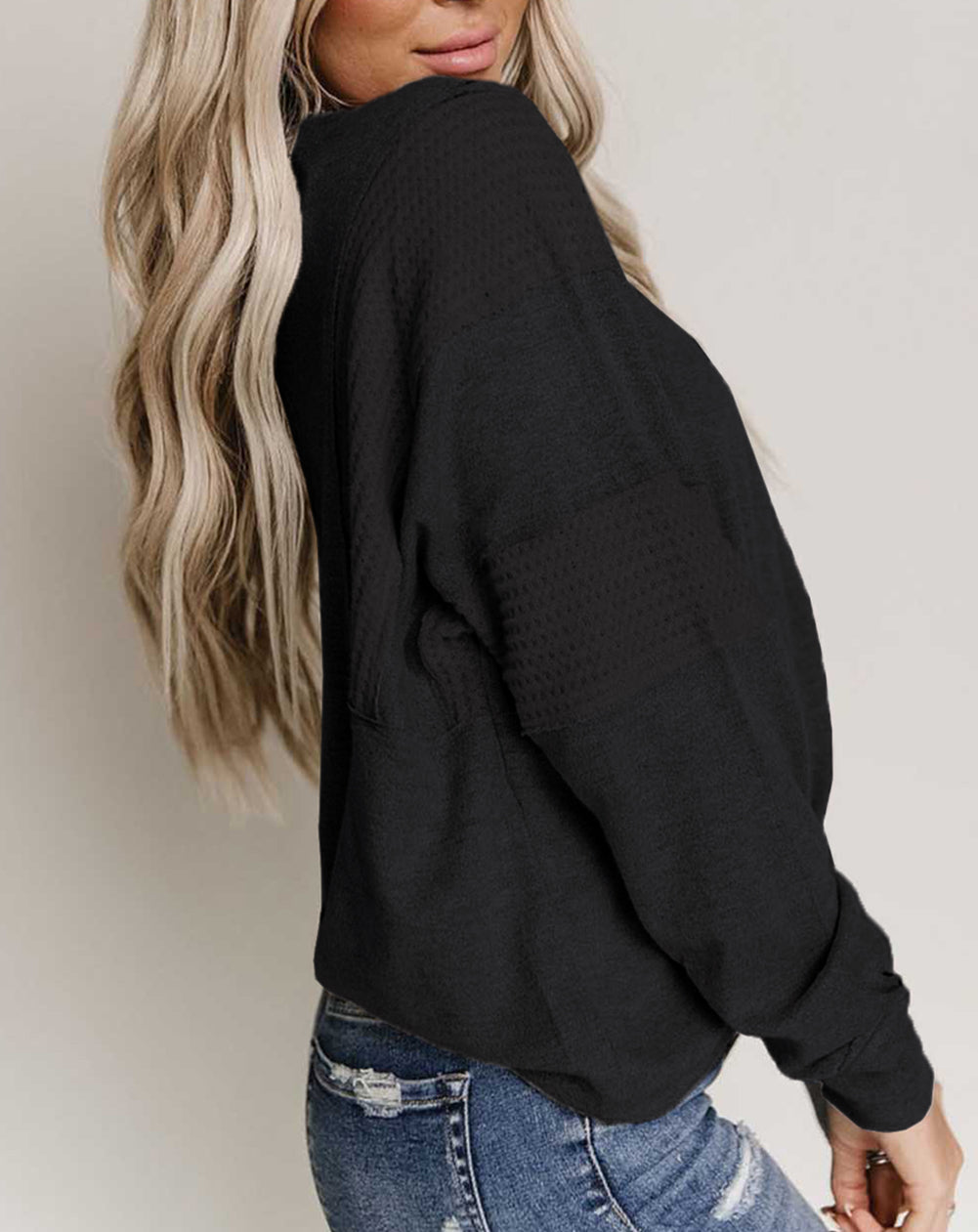 Waffle Patchwork Dolman Sleeve Henley Top