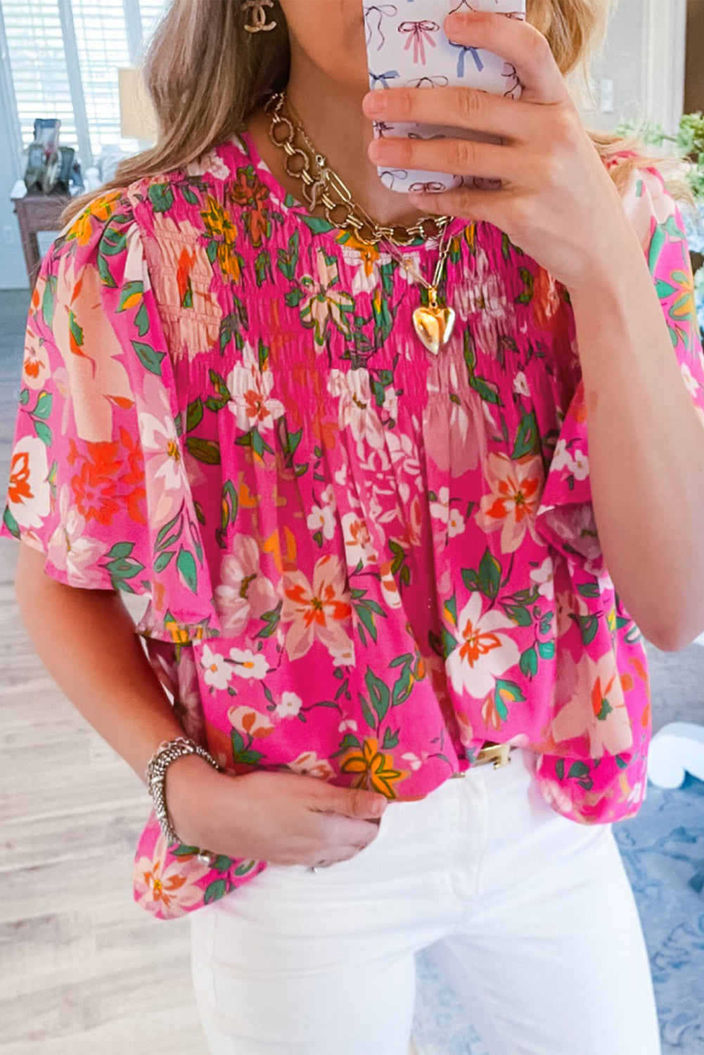 Floral Short Sleeve Smocked Blouse