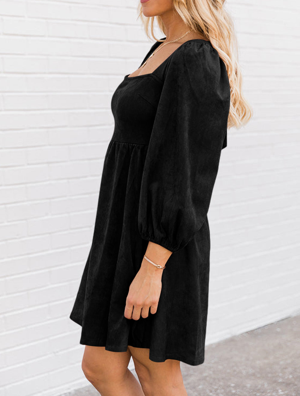 Suede Square Neck Puff Sleeve Dress