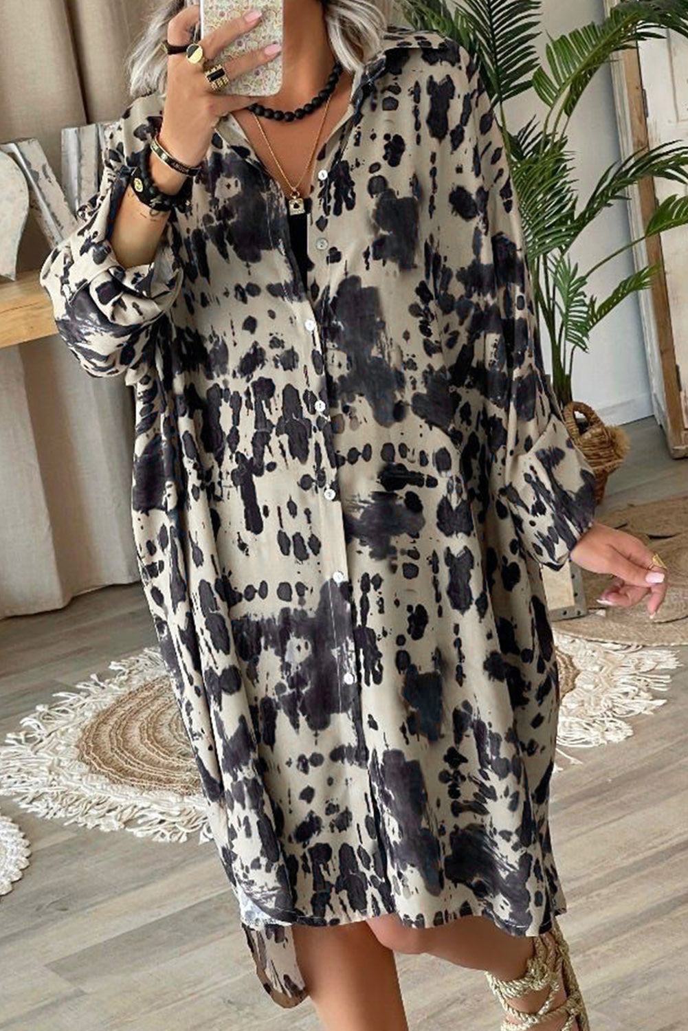 Splash Ink Print Long Sleeve Button Front Split Dress