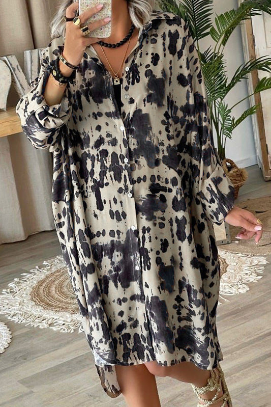 Splash Ink Print Long Sleeve Button Front Split Dress