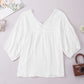 White Textured V Neck Bracelet Sleeve Babydoll Blouse