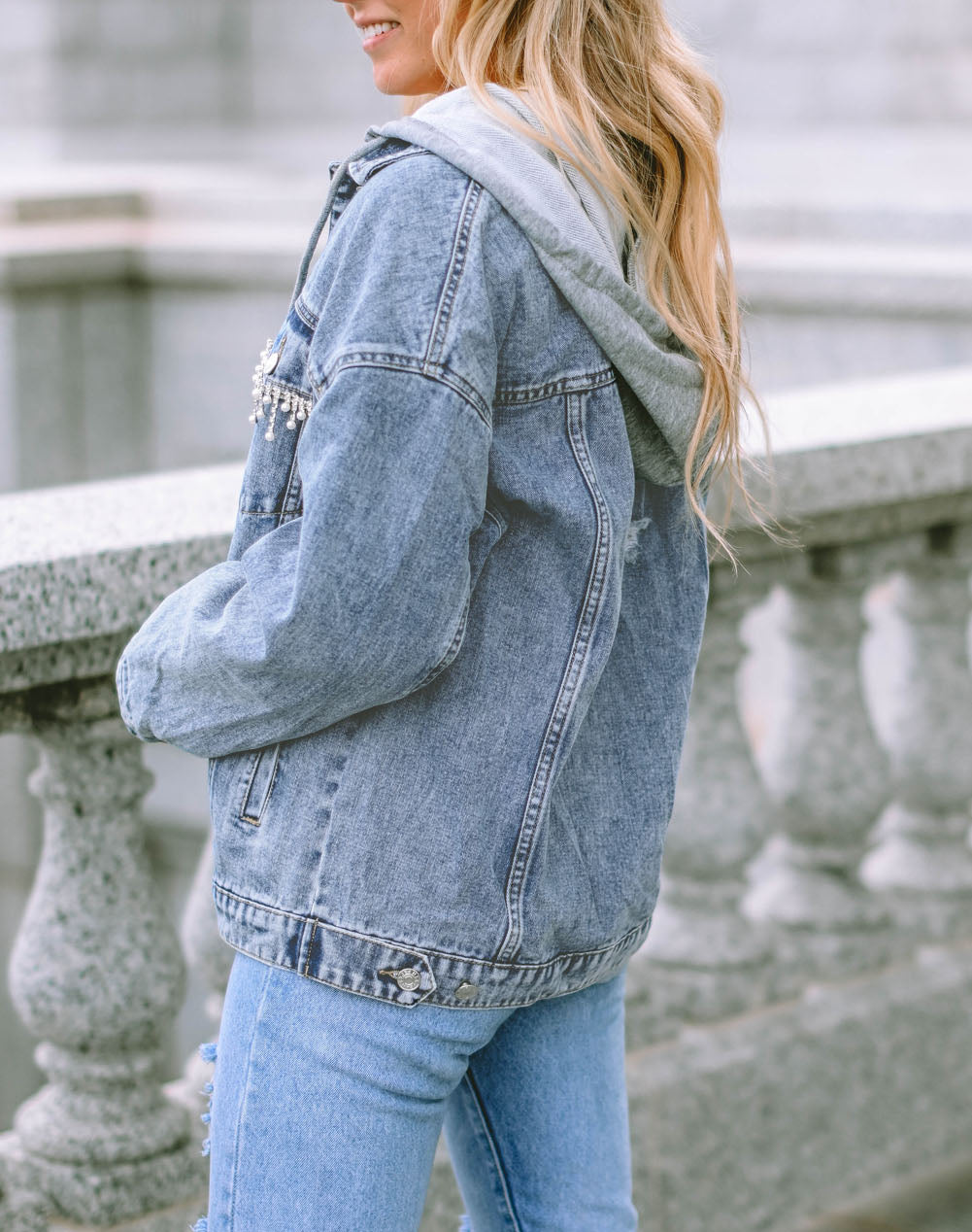 Rhinestone Fringed Pocket Buttoned Hooded Denim Jacket