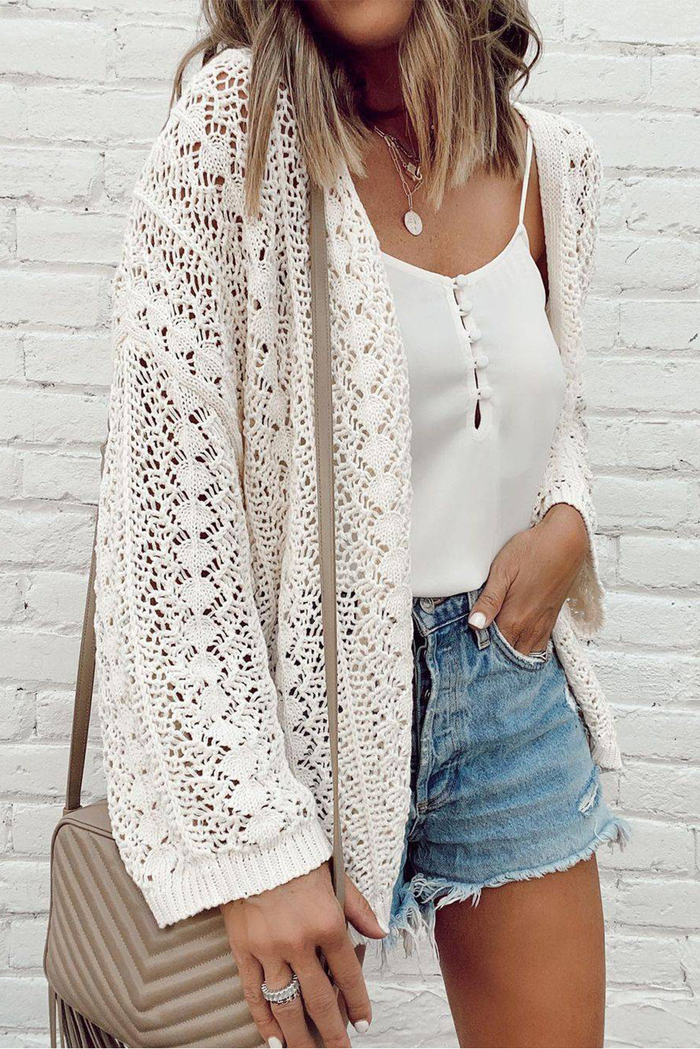 Stylish Hollow Out Knit Drop Shoulder Cardigan