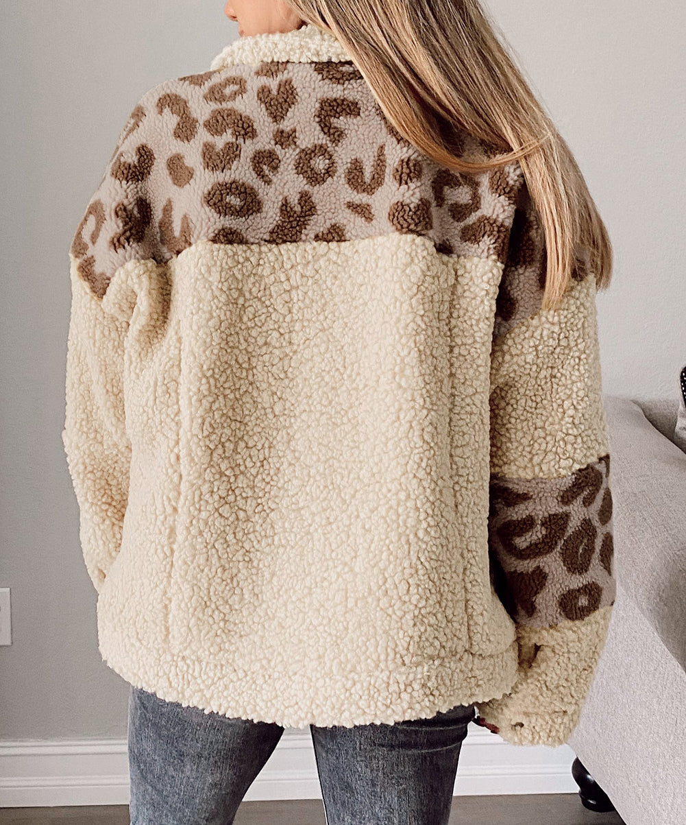 Leopard Patchwork Snap Buttons Sherpa Jacket