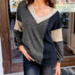 Brushed Contrast Knit V Neck Colorblock Long Sleeve Top