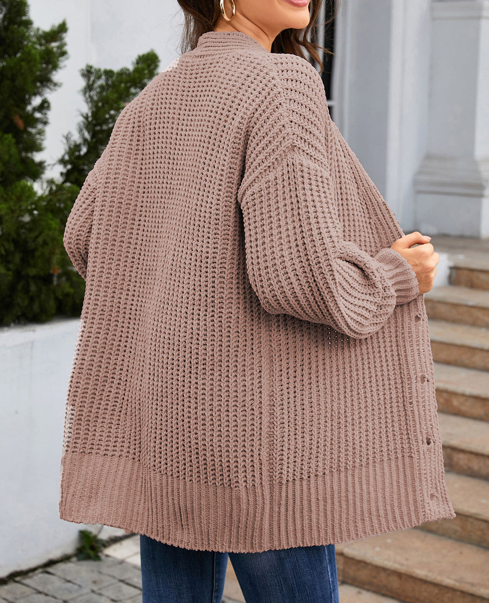 Buttoned Front Drop Shoulder Knitted Cardigan