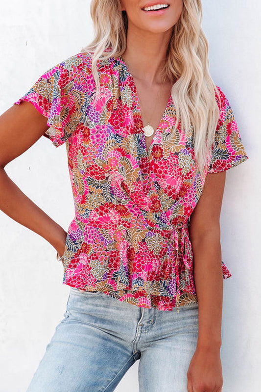 Surplice V Neck Floral Print Flutter Peplum Blouse