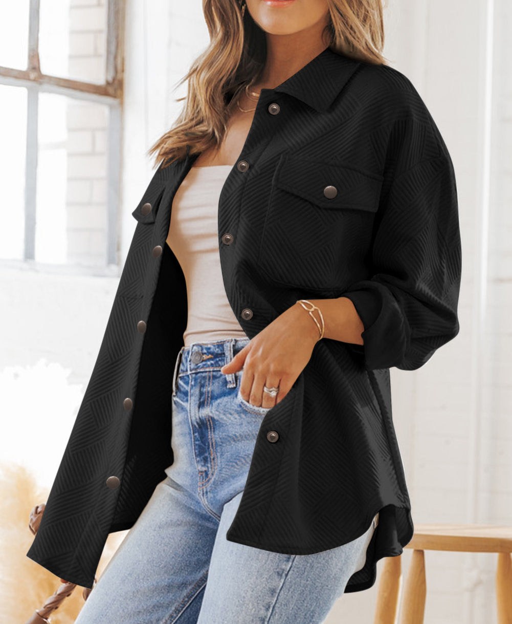 Solid Textured Flap Pocket Buttoned Shacket