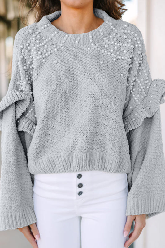 Pearl Embellished Ruffle Wide Sleeve Sweater