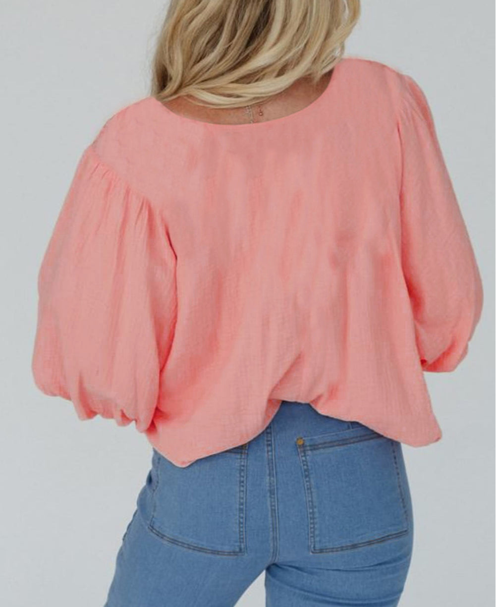 Geometric Embroidered V Neck Puff Sleeve Blouse