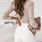 Pearl Trim Square Neck Ribbed Knit Long Sleeve Top