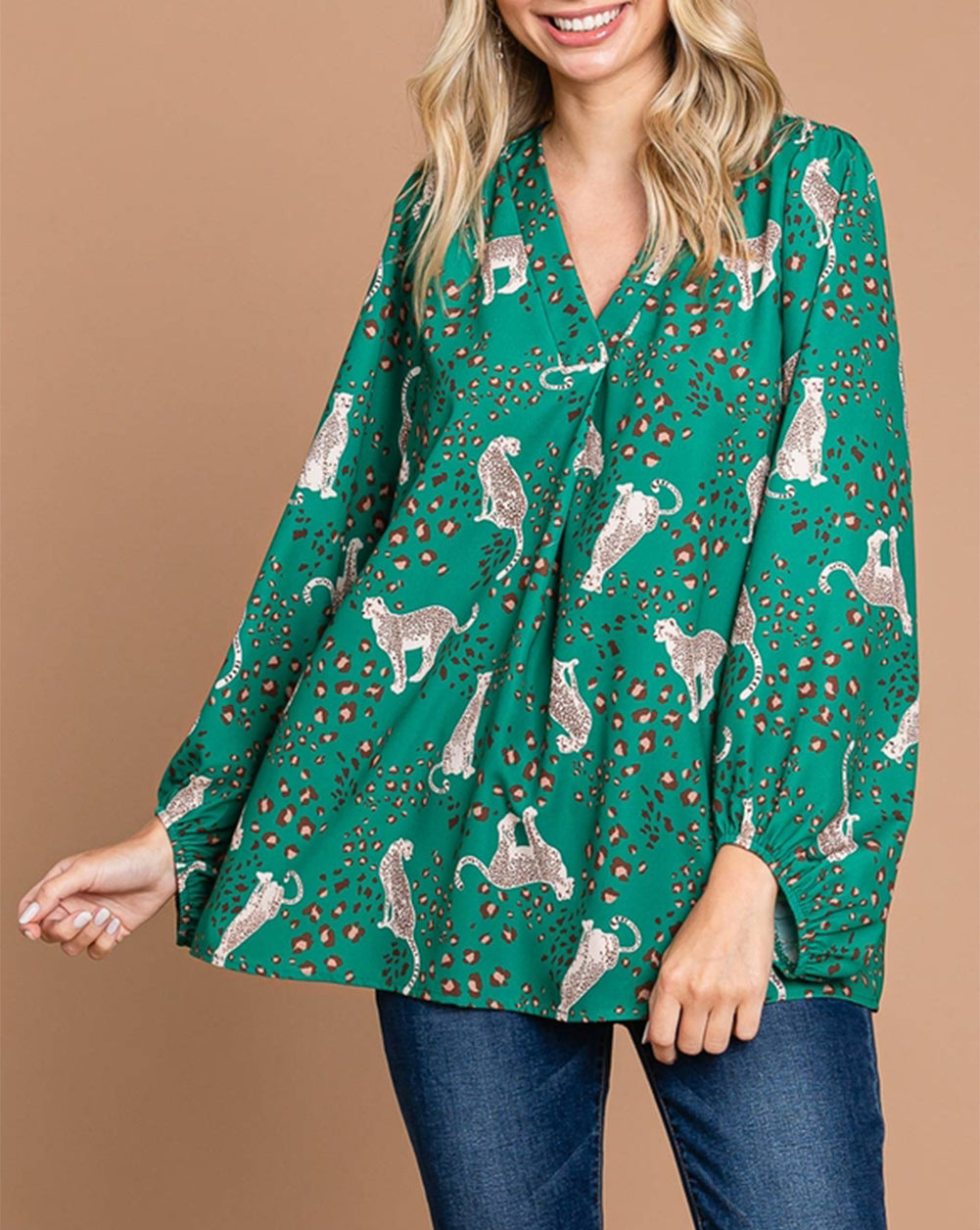 Printed Cheetah Print V Neck Flowy Blouse