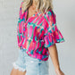 Abstract Brushwork Print Buttoned V Neck Blouse