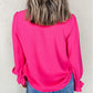 Solid Color Shirred Cuff Notch V Neck Blouse