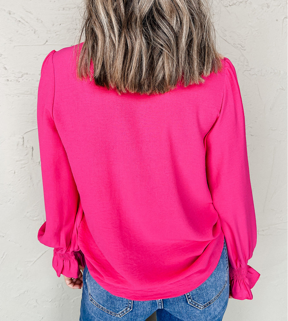 Solid Color Shirred Cuff Notch V Neck Blouse