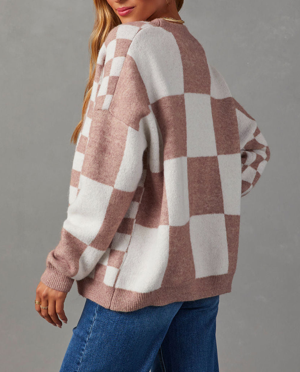 Mix Checkered Button V Neck Knitted Cardigan