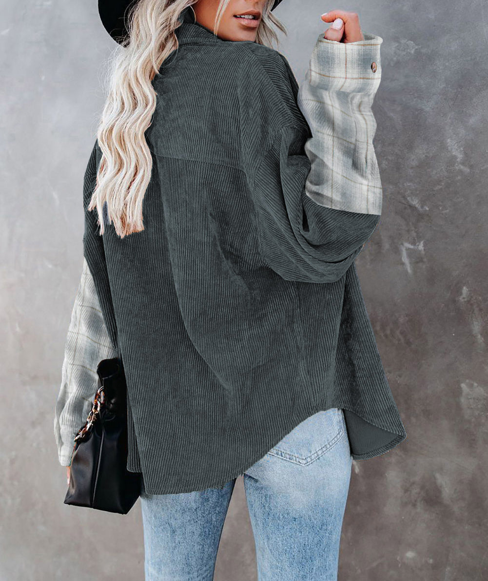 Plaid Color Block Button-up Oversize Corduroy Shirt
