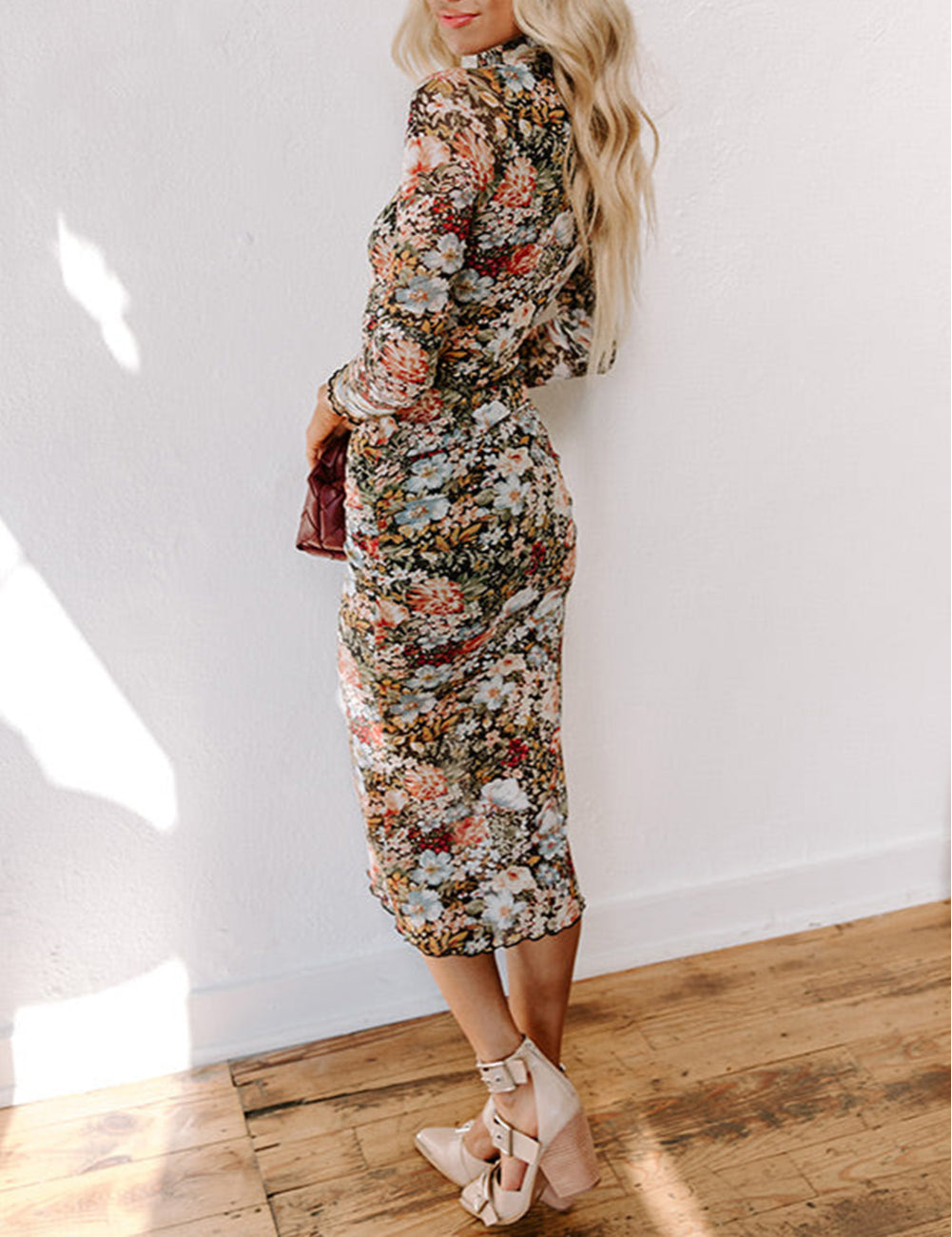 Floral Allover Print Mock Neck Bodycon Long Sleeve Midi Dress