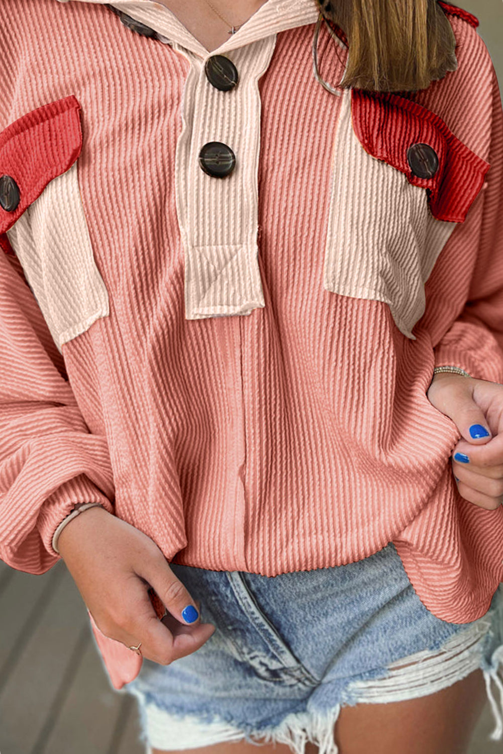 Colorblock Corduroy Chest Pocket Buttoned Top