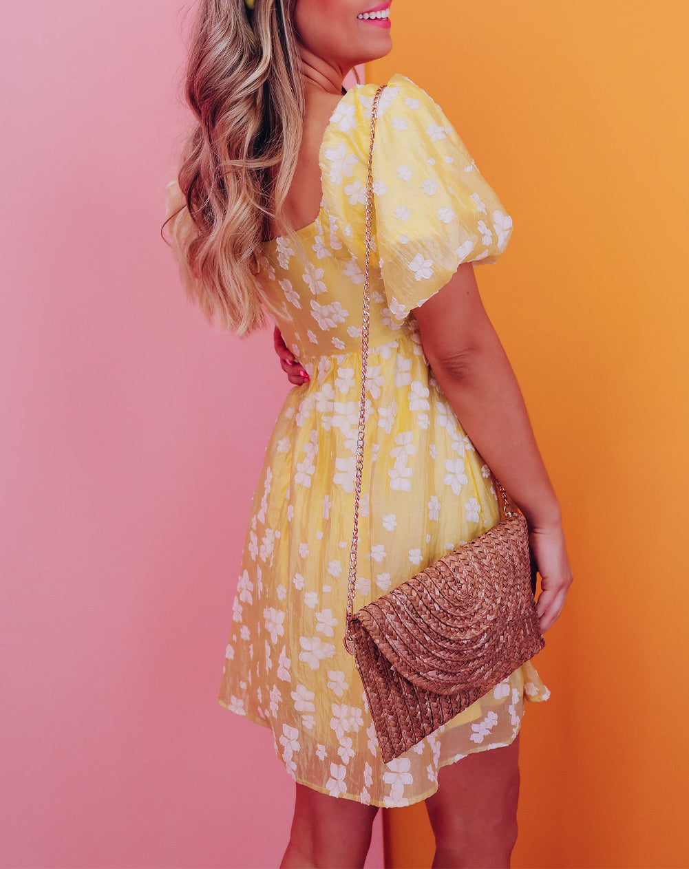 Flower Jacquard Puff Sleeve Square Neck Mini Dress