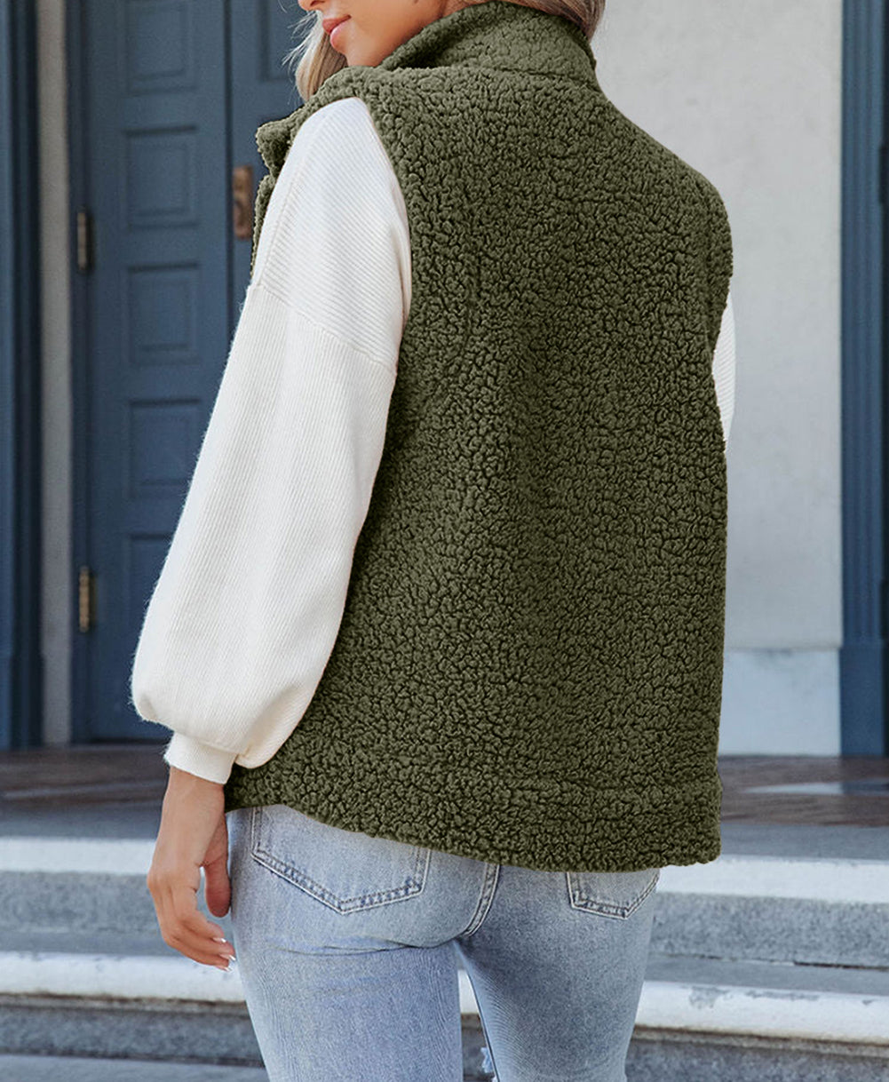 Snap Button Pocketed Sherpa Vest Jacket