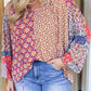 Mixed Floral Printed Long Sleeve Tied V Neck Blouse