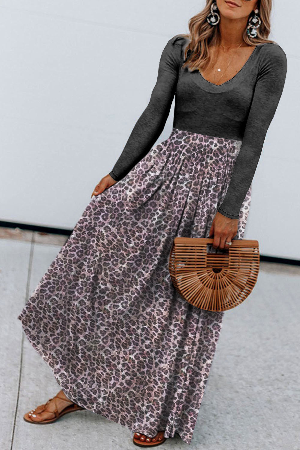 Long Sleeve Fitted Bodice Leopard Maxi Dress