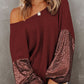 Sequin Patchwork Sleeve Open Back Waffle Knit Top