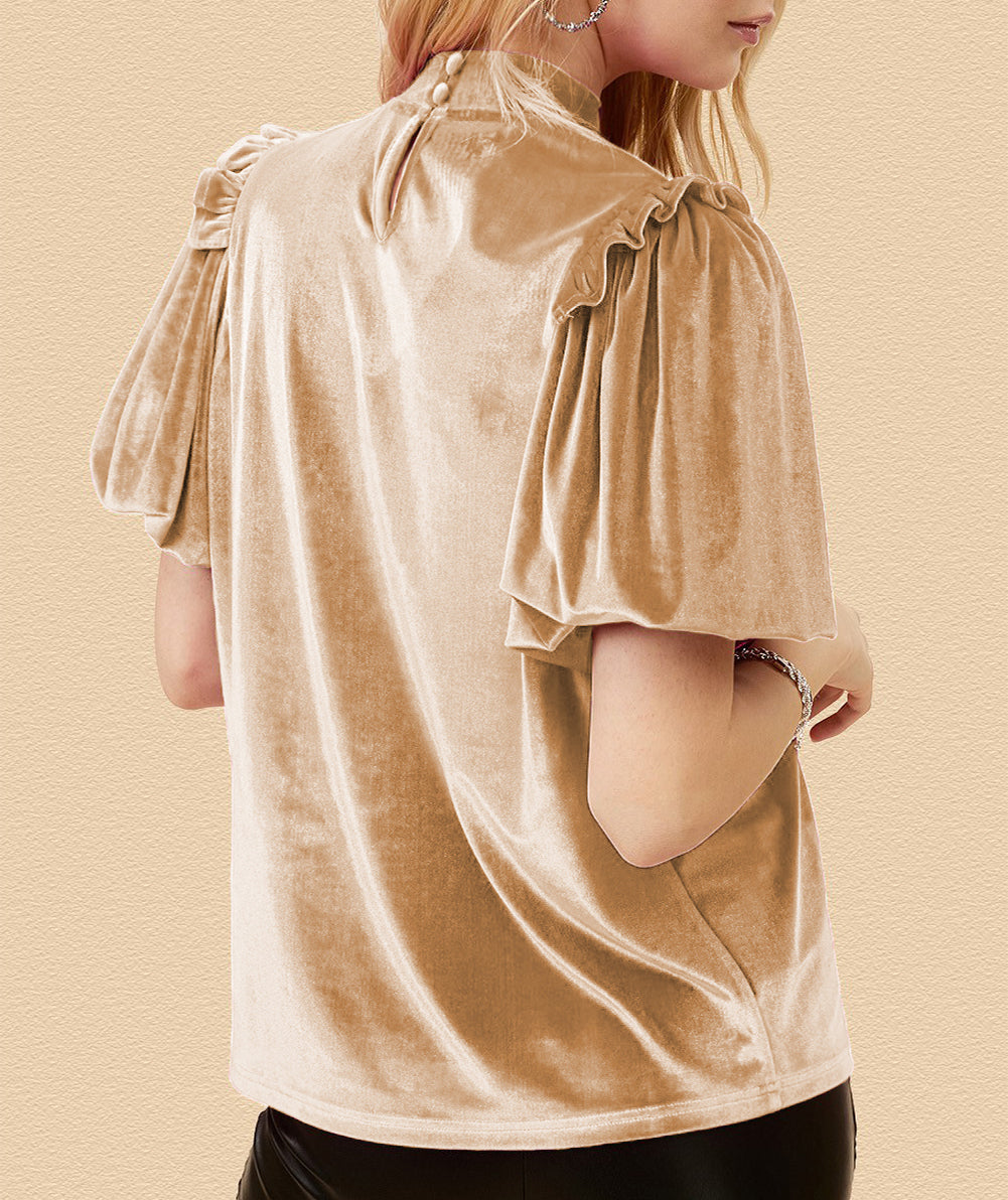 Frilly Puff Sleeve Mock Neck Blouse