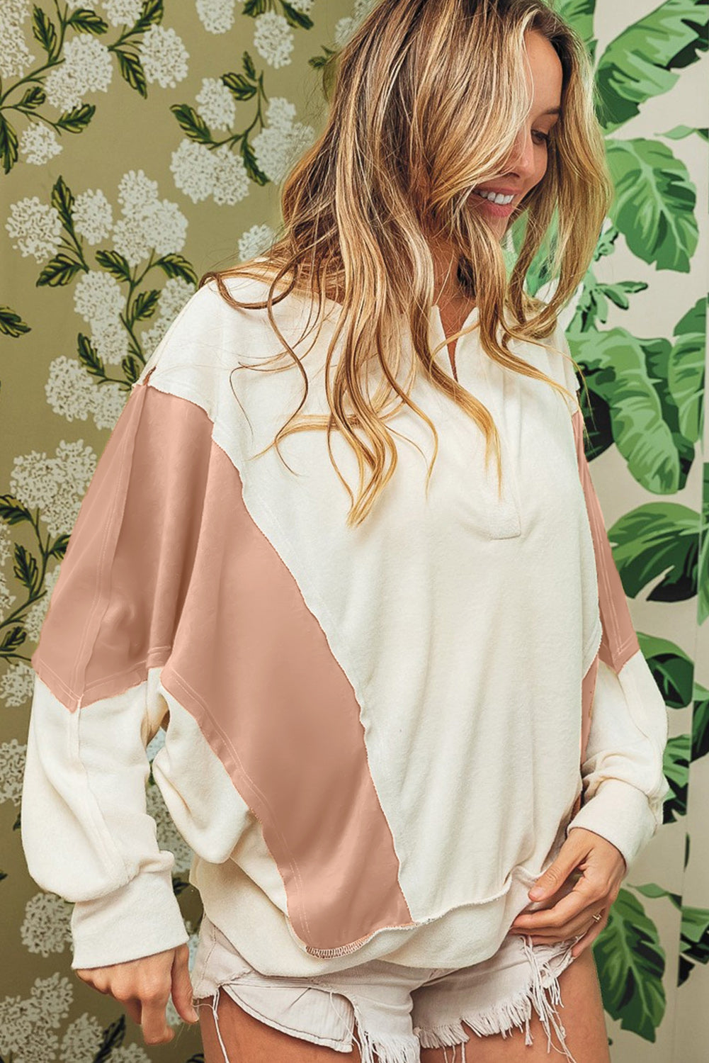 Colorblock Patchwork Split Neck Baggy Top