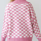 Checkered Buttons Collar V Neck Drop Shoulder Sweater