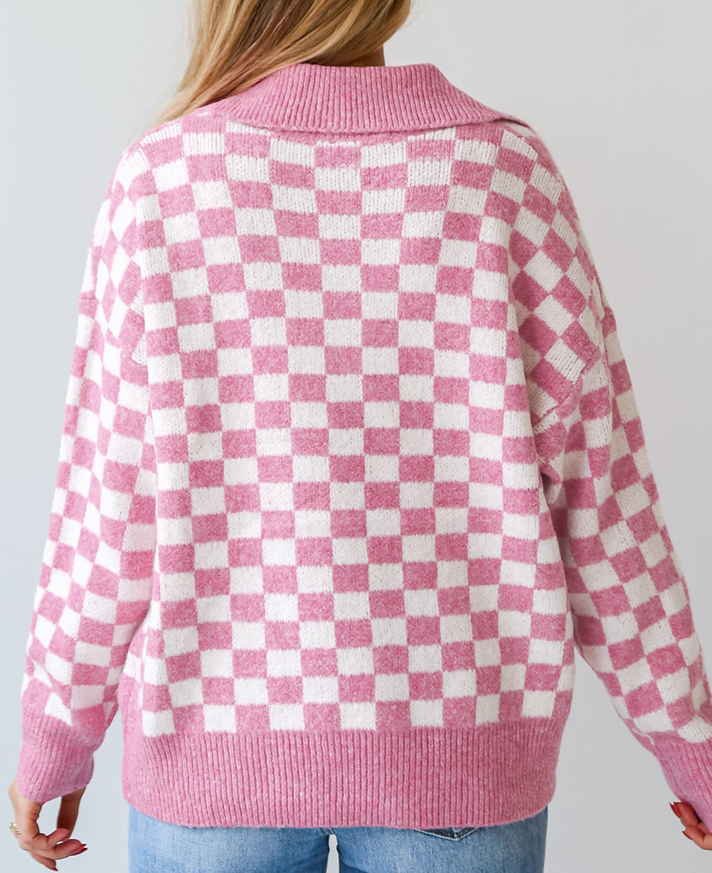 Checkered Buttons Collar V Neck Drop Shoulder Sweater