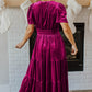 Velvet Short Sleeve Shirred Waist Tiered Maxi Dress