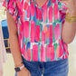 Abstract Brush Print Ruffled Sleeve Frill V Neck Blouse