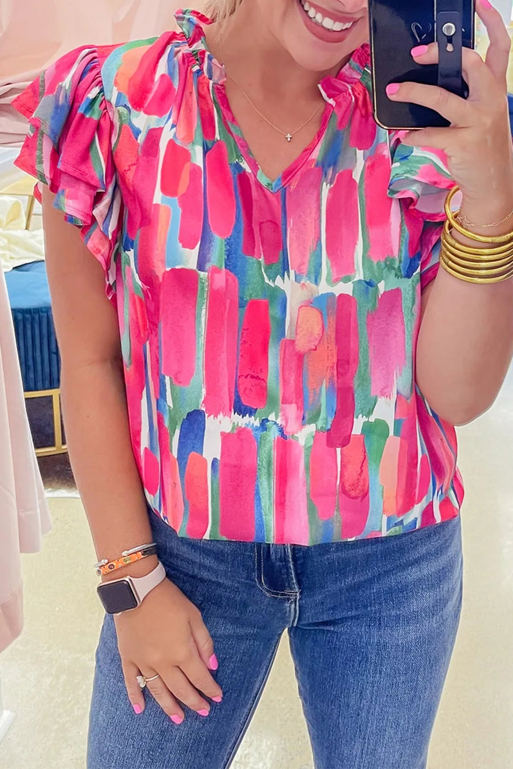 Abstract Brush Print Ruffled Sleeve Frill V Neck Blouse