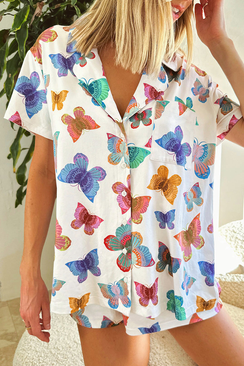 Butterfly Pattern Short Sleeve Shirt Pajamas Set